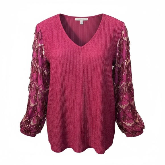 NEW Women's 2X Plus Size Sequin Sleeve Top Raspberry Sparkle Tunic V Neck Sexy - Picture 1 of 8